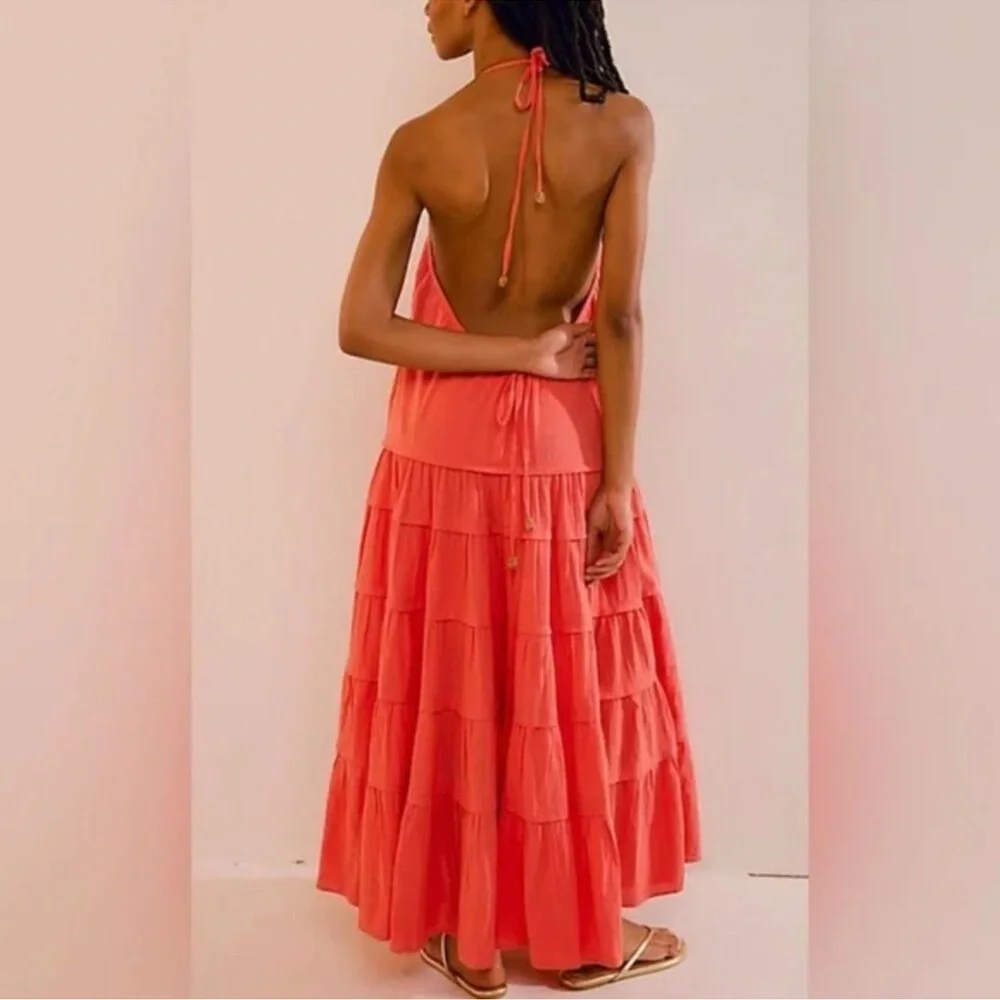 Free People Somewhere Sunny Drop-Waist Maxi Dress Size XS Watermelon Coral - Picture 2 of 8